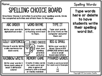 FREE Spelling Choice Board Menu Editable Activities - Image 2
