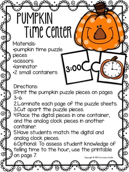 FREE Pumpkin Time Center: Telling Time to the Hour - Image 2