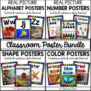 Classroom Posters BUNDLE {White}: Alphabet, 2D&3D Shapes, Numbers (0-20), Colors