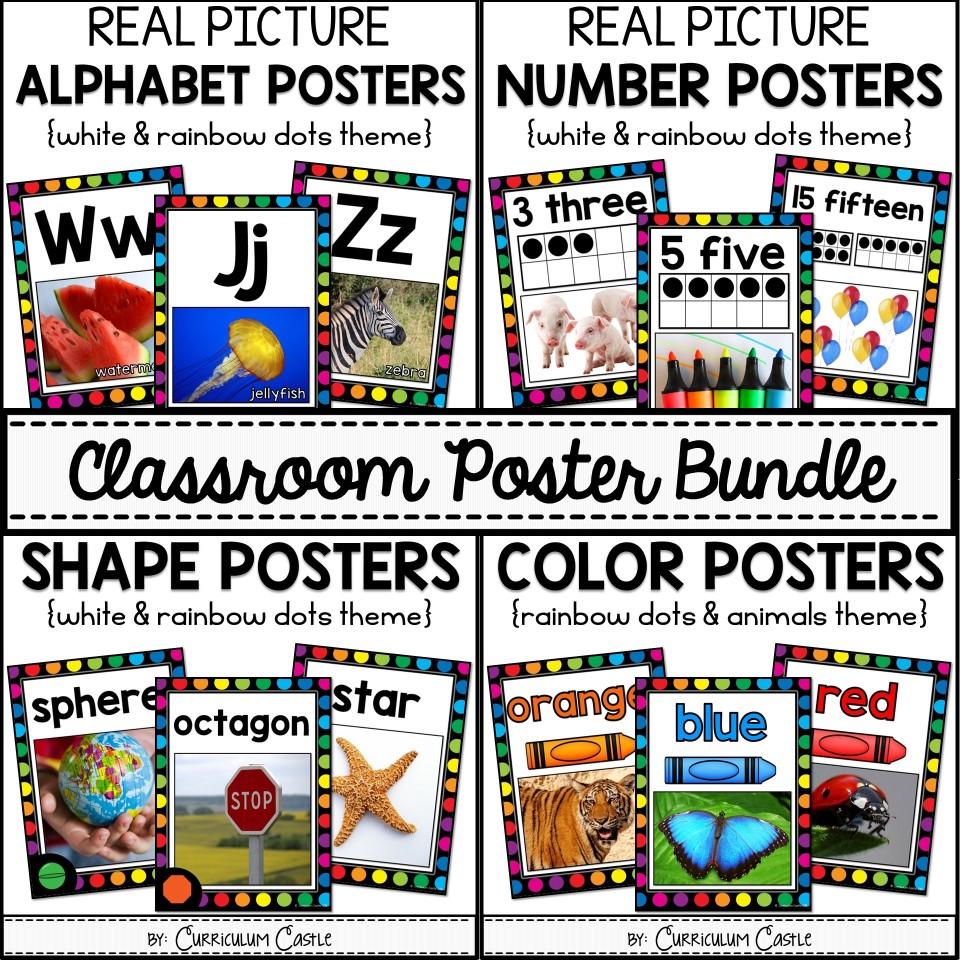 Classroom Posters BUNDLE {White}: Alphabet, 2D&3D Shapes, Numbers (0-20), Colors