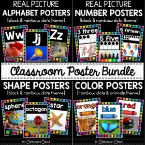Classroom Posters BUNDLE {Black}: Alphabet, 2D&3D Shapes, Numbers (0-20), Colors