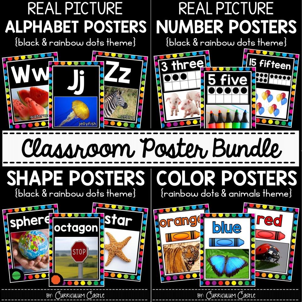 Classroom Posters BUNDLE {Black}: Alphabet, 2D&3D Shapes, Numbers (0-20), Colors