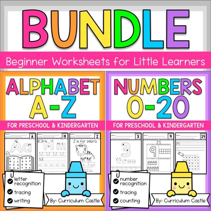 Alphabet Letters & Numbers 0-20 Beginner Worksheets BUNDLE (Pre-K & Kindergarten)